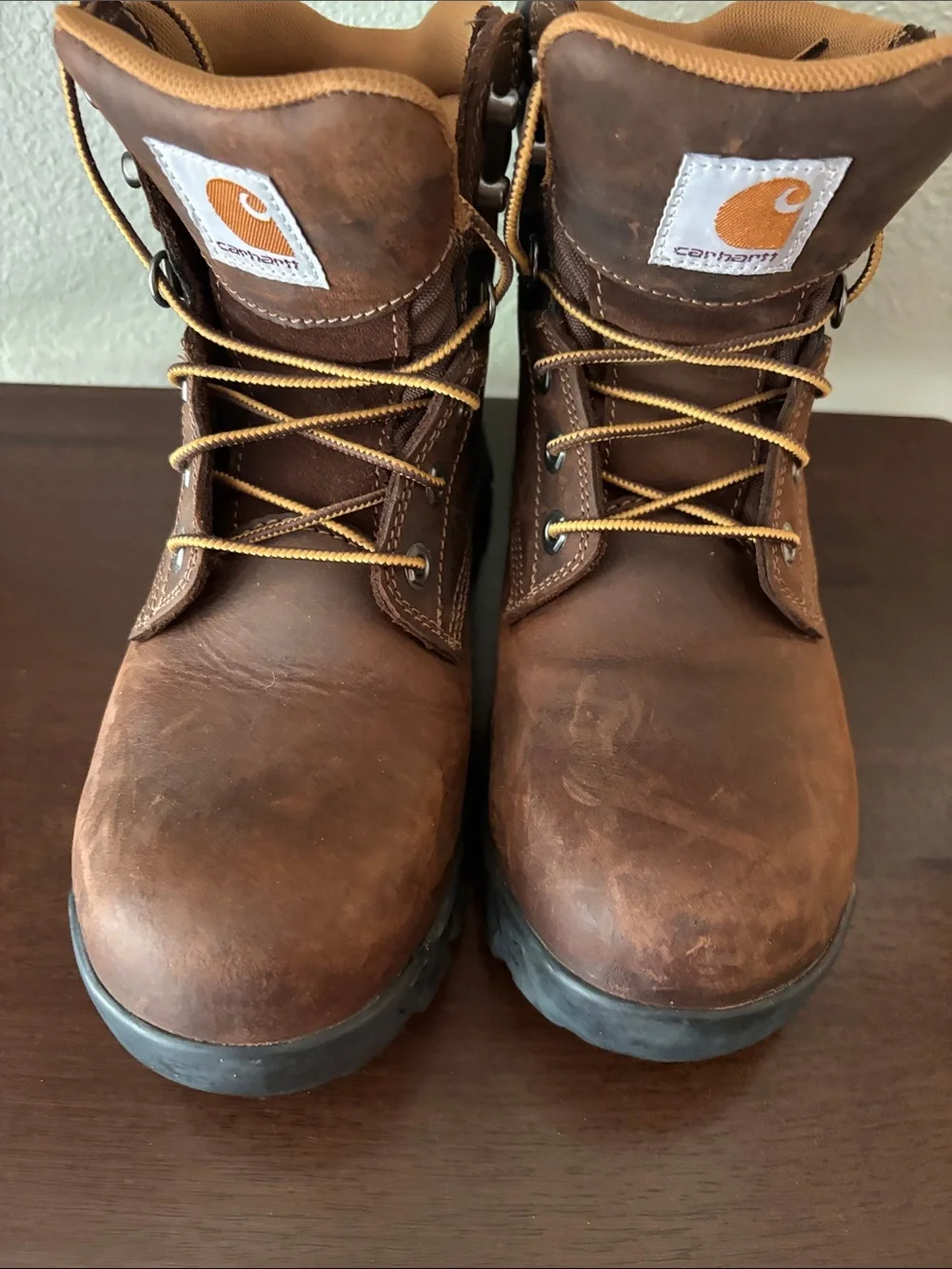 Carhartt Men’s Brown Leather Work Boots with Yellow Laces